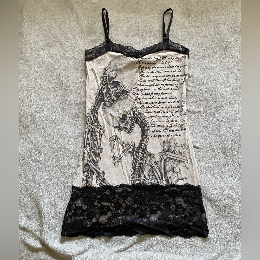 Too Fast Skeleton Love Is Edgar Allen Poe Long Cami Top with Black Lace